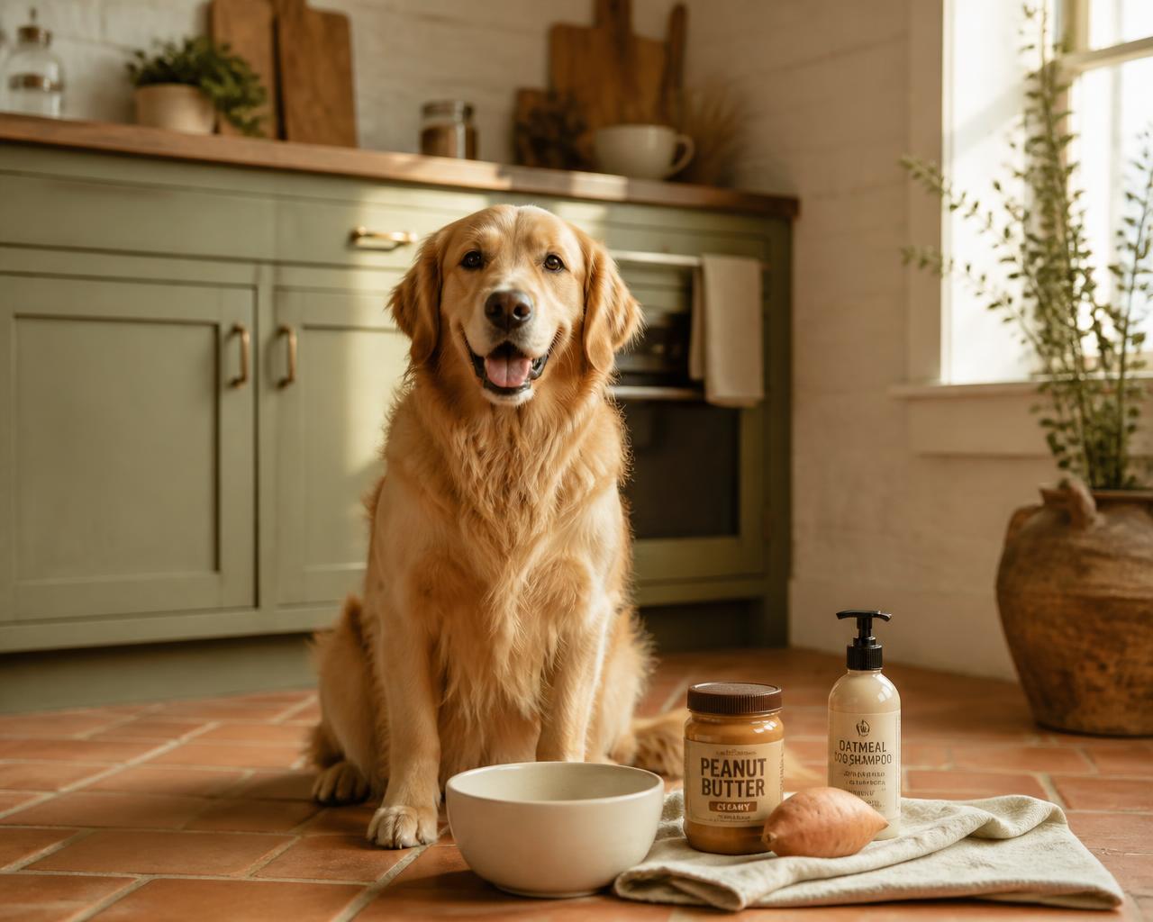 Golden retriever sitting beside food and dog shampoo on a kitchen floor